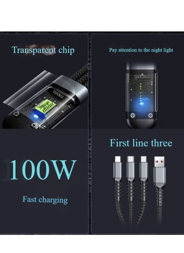 Generic - 100W transparent digital display one tow three super fast charging cell phone data cable for Apple Huawei Xiaomi Android full series of cell phones - Image 1