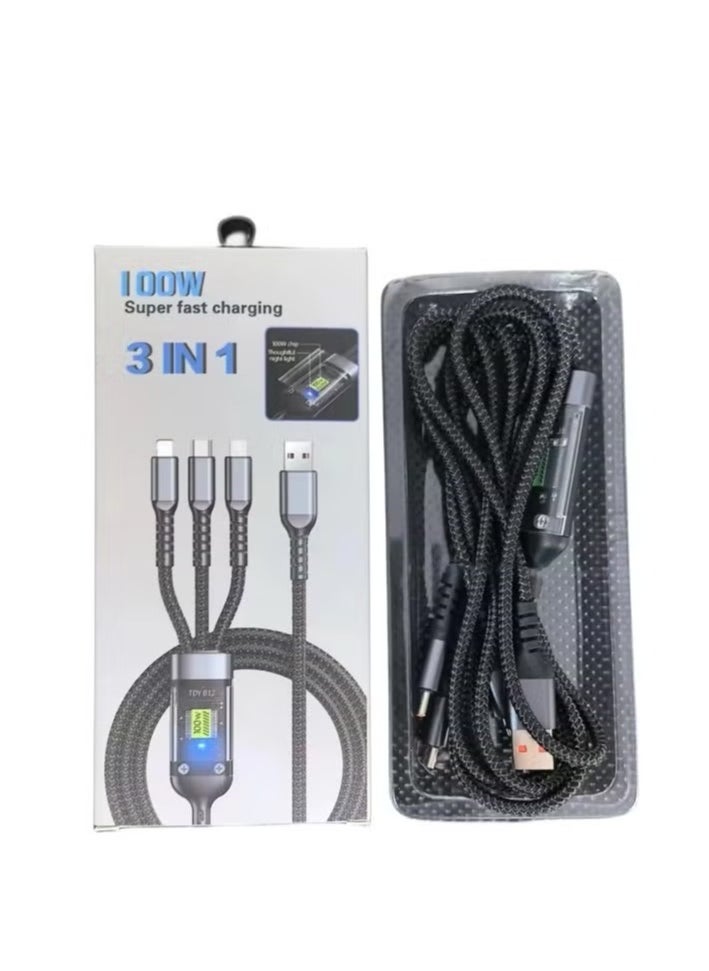 Generic 100W transparent digital display one tow three super fast charging cell phone data cable for Apple Huawei Xiaomi Android full series of cell phones  - Image 1