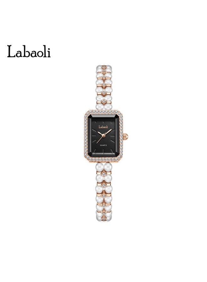 Elegant Ladies Pearl Wristwatch Rectangle Square Case Rhinestone Bezel Shell Dial Rose Gold Quartz Dress Watch