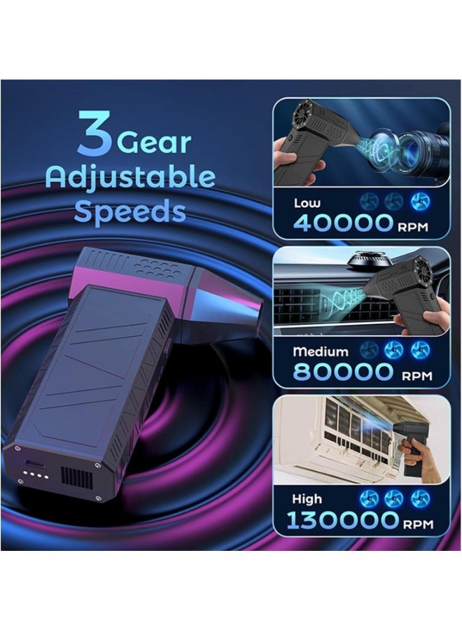 إي وورلد منفضة هواء كهربائية احترافية 130000 دورة في الدقيقة، مروحة نفاثة محمولة فائقة السرعة مع 3 سرعات قابلة للتعديل، منفاخ هواء صغير لاسلكي مجفف سيارة من النوع C قابل لإعادة الشحن للسيارة والكمبيوتر ولوحة المفاتيح والعدسات - Image 5