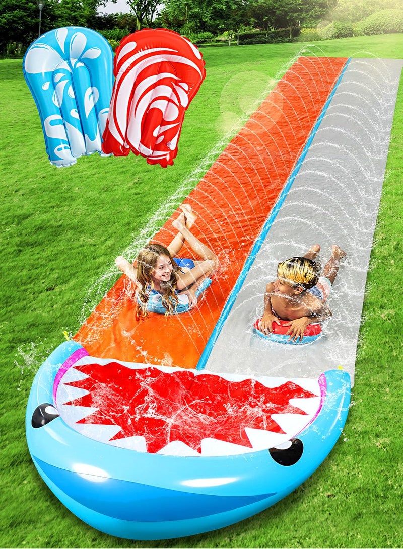 SLOOSH Water Slides with 2 Inflatable Boards225ft Double Lane Lawn Water Splash Slip and Slide with Advanced Sprinklers Summer Toy for Kids Adults Fun Backyard Summer Outdoor Shark