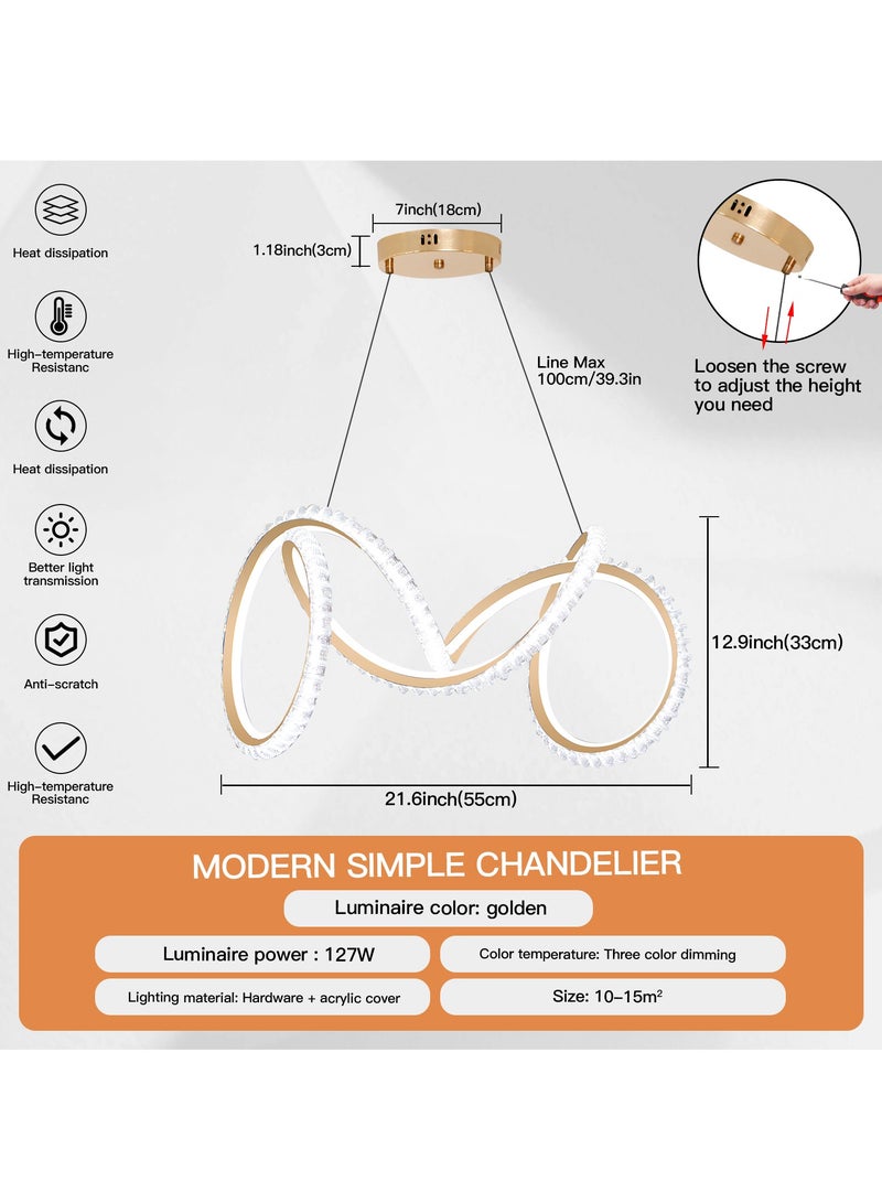 YATAI LIGHTING Modern LED Chandelier,3-Color Dimmable Chandelier; Adjustable Height Light Fixture, Golden LED Pendant Light with Irregular Rings Light Fixture Suitable for Dining Table Island, Restaurant  - Image 4