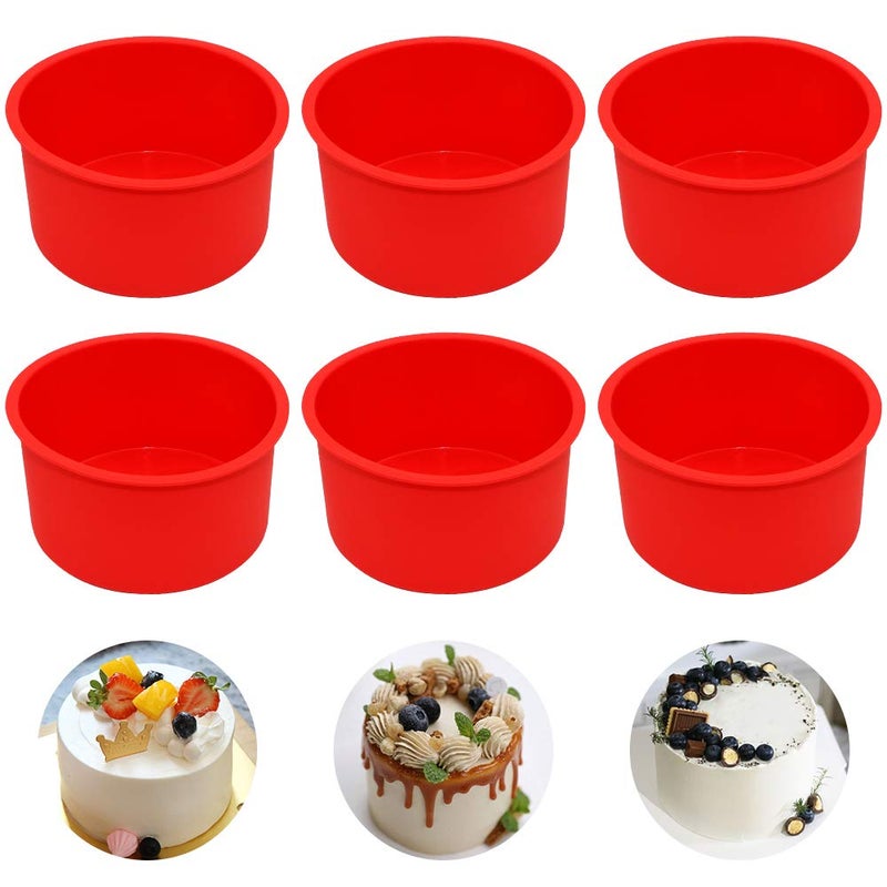Staruby Silicone Cake Mold Baking Pan Round 4 Inch NonStick Bakeware Pan Reusable Cake Pan Red Set of 6