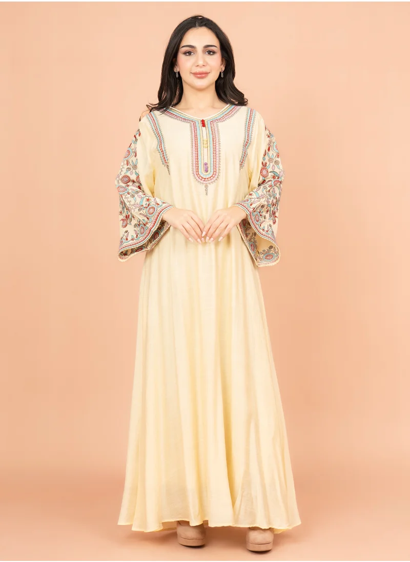 IKKXA Mandarin Collar Hand Embroidered Jalabiya IK4004 Yellow