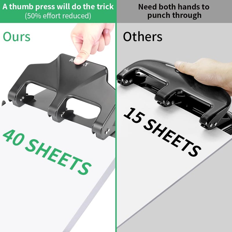 AFMAT 3 Hole Punch, 9/32" Holes Diameter, 40-Sheet Three Hole Punch, 50% Reduced Effort, 3 Hole Puncher for Binder w/Large Chip Tray, Heavy Duty Metal Paper Puncher for Home/Office/School, HP16 - Image 5