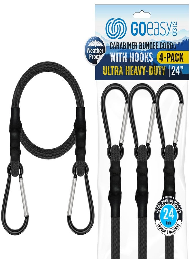 GOEASY0312 Carabiner Bungee Cords with Hooks Heavy Duty - 24" Elastic Black Bungee Cords with Carabiner Hooks 200 LBS Max Break Strength, UV Resistant for Camping, Tarps, Bike Rack, Tent, Car - 4 Pcs - Image 1