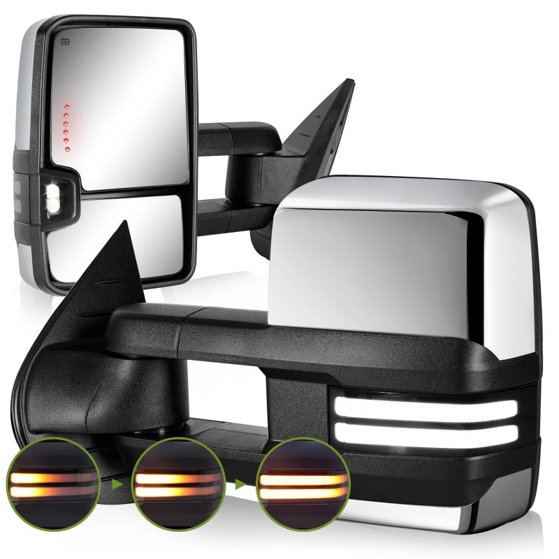 SIZIOM Switchback Towing Mirrors for 20072013 Chevy Silverado Avalanche Suburban TahoeGMC Sierra Yukon Side Mirrors with Power Heated Dynamic Signal Running Light Pair SetChrome