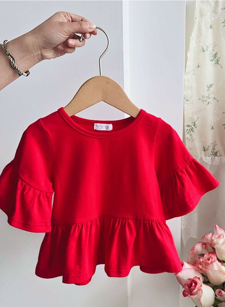 Loquat Girl's Flared Short Sleeve Crew Neck T-Shirt Cotton Ruffled Tees Red 