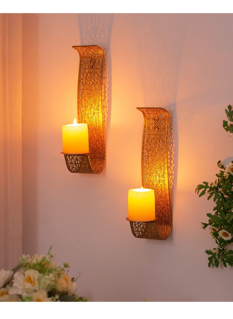 SYOSI Gold Candle Sconces Wall Decor Set of 2 Wall Candle Holder Decorative Candle Sconces Vintage Metal Pillar Candle Holders for Farmhouse Hallway Decorative Bedroom, Bathroom Wall Art Decoration  - Image 3