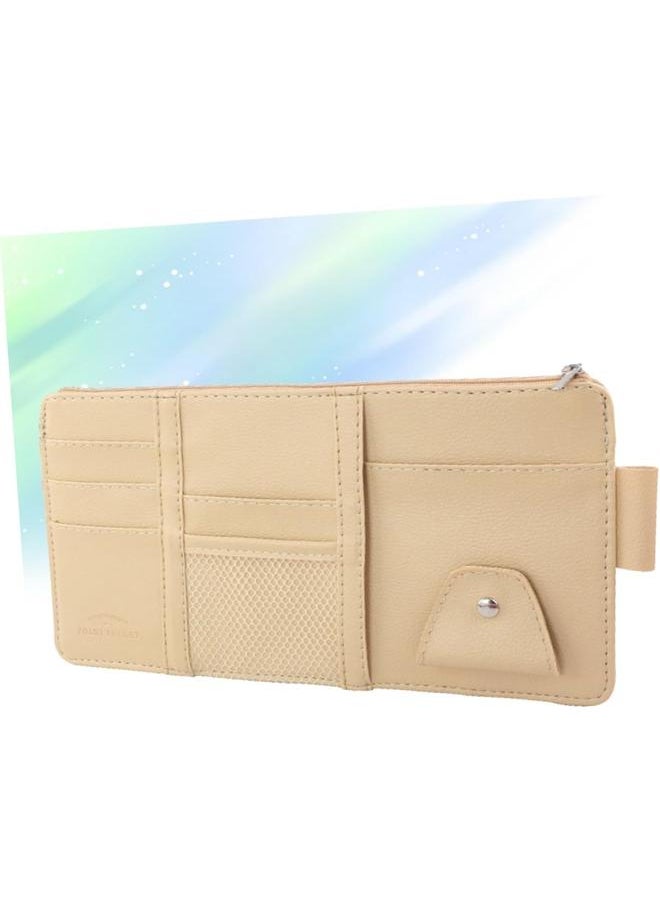yongsheng Auto Car Visor Organizer Bag Pouch Card Holder Sunglass Holder Storage PU Leather Sun Visor Space Hanging with Zipper Card Slots Sunglass Clip (Beige)  - Image 1
