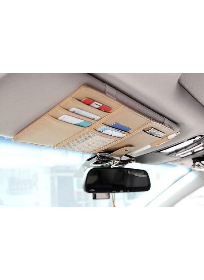 yongsheng Auto Car Visor Organizer Bag Pouch Card Holder Sunglass Holder Storage PU Leather Sun Visor Space Hanging with Zipper Card Slots Sunglass Clip (Beige)  - Image 3