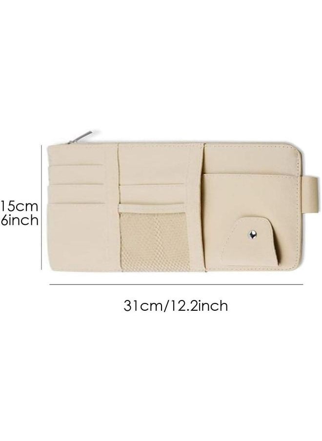 yongsheng Auto Car Visor Organizer Bag Pouch Card Holder Sunglass Holder Storage PU Leather Sun Visor Space Hanging with Zipper Card Slots Sunglass Clip (Beige)  - Image 4