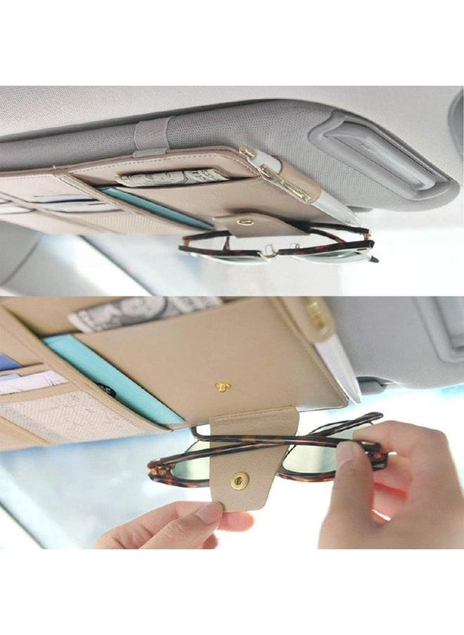 yongsheng Auto Car Visor Organizer Bag Pouch Card Holder Sunglass Holder Storage PU Leather Sun Visor Space Hanging with Zipper Card Slots Sunglass Clip (Beige)  - Image 2