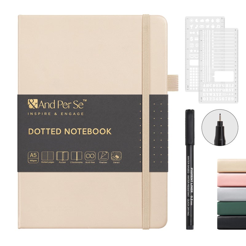 &And Per Se ⩓ Per Se Dotted Journal Kit, 176 Numbered Pages, A5 Leather Hardcover Dotted Notebook with Stencils & Fineliner Pen (Light Apricot) - Image 1