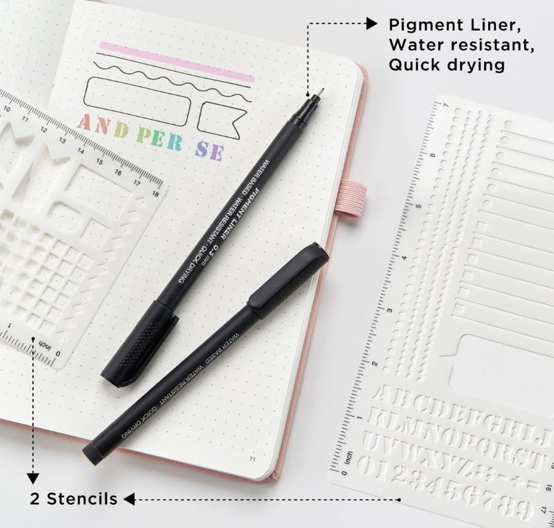 &And Per Se ⩓ Per Se Dotted Journal Kit, 176 Numbered Pages, A5 Leather Hardcover Dotted Notebook with Stencils & Fineliner Pen (Light Apricot) - Image 5