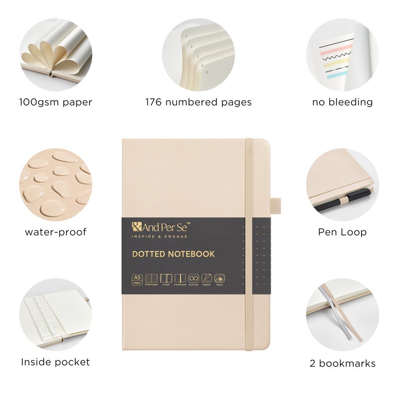 &And Per Se ⩓ Per Se Dotted Journal Kit, 176 Numbered Pages, A5 Leather Hardcover Dotted Notebook with Stencils & Fineliner Pen (Light Apricot) - Image 3