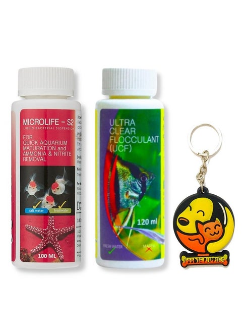 Aquatic Remedies 2 In 1 Aquarium Medicine Combo (Ultra Clear Flocculant - 120Ml, Micro Life S2-100Ml) | Aquarium Water Clarifier & Conditioner For Fresh Water With Free Key Ring