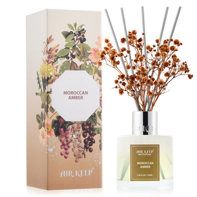 Airkeep Reed Diffuser Set,3.38 fl oz (100 ml) - Moroccan Amber Oil Diffusers with 8 Reed Sticks, Home Fragrance Reed Diffuser for Bathroom Shelf Decor - Image 1