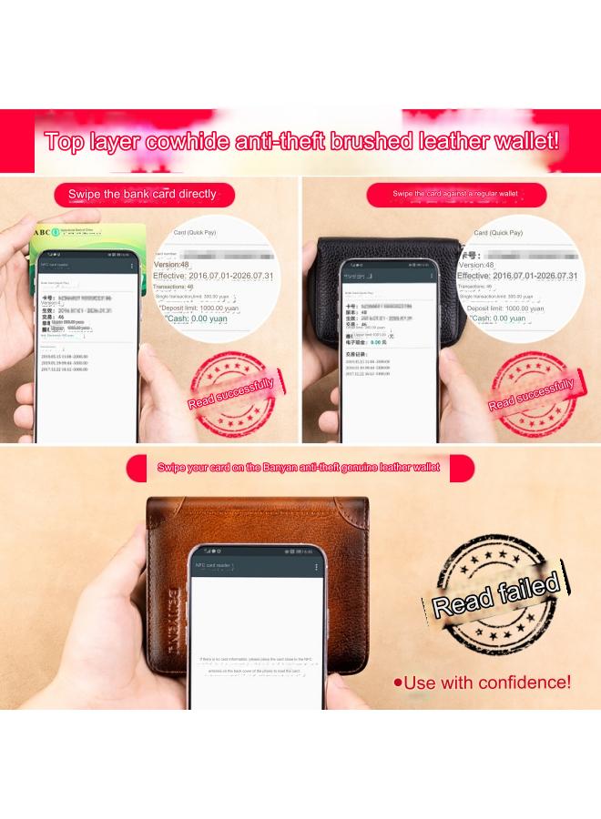 banyanu Men's Genuine Leather RFID Anti-Theft Brush Vertical Retro First-Layer Cowhide Wallet Yellow-Brown - Image 3