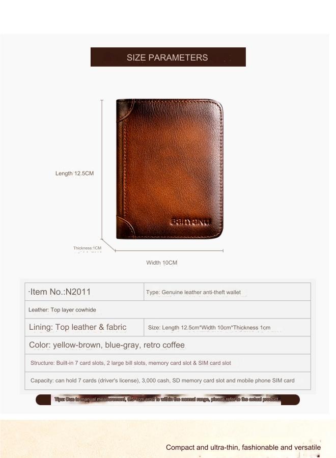banyanu Men's Genuine Leather RFID Anti-Theft Brush Vertical Retro First-Layer Cowhide Wallet Yellow-Brown - Image 2