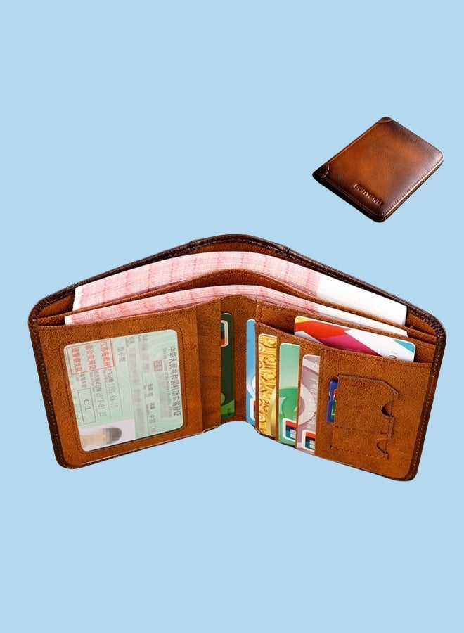 banyanu Men's Genuine Leather RFID Anti-Theft Brush Vertical Retro First-Layer Cowhide Wallet Yellow-Brown - Image 1