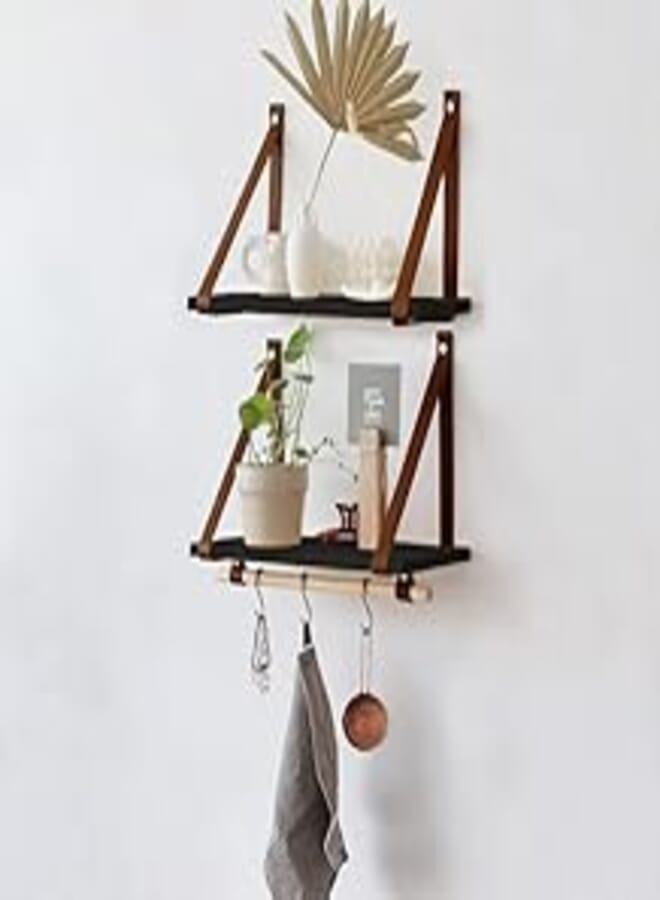 Home Gallery PU Brown Leather Strap Wall Floating Shelves 60X20 Black 