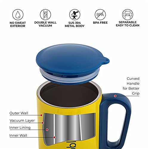 DUBBLIN Polo Stainless Steel Unbreakable Tea Coffee Mug Double Wall with Handle and Lid, Wide Mouth Mug Keeps Beverages Hot & Cold 270 ML Yellow - Image 3
