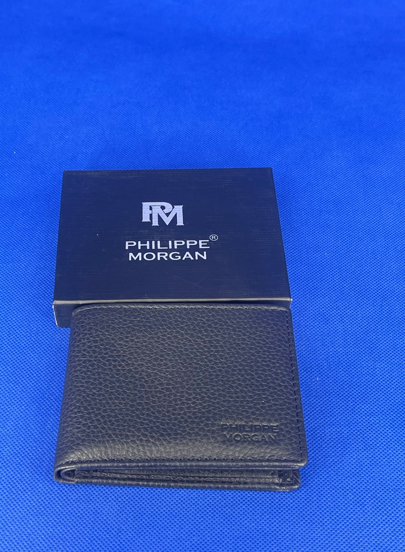 فيليب مورجان محفظة جلدية أصلية فاخرة قابلة للطي مع حامل للبطاقات والعملات المعدنية باللون الأسود - Image 1