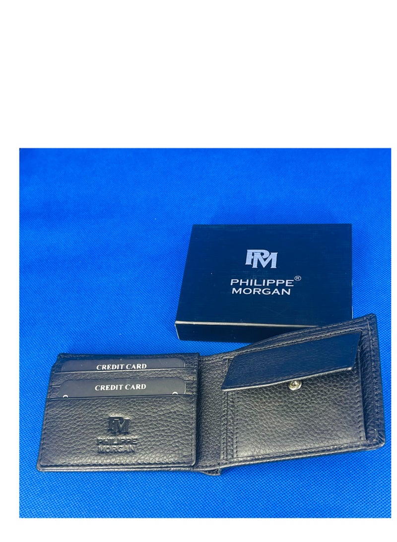 فيليب مورجان محفظة جلدية أصلية فاخرة قابلة للطي مع حامل للبطاقات والعملات المعدنية باللون الأسود - Image 2