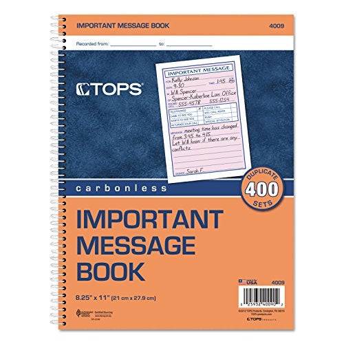 TOPS Phone Message Book, Spiral Bound, 2-Part, Carbonless, White and Canary, 4 Messages per Page, 400 Sets (4009) - Image 2