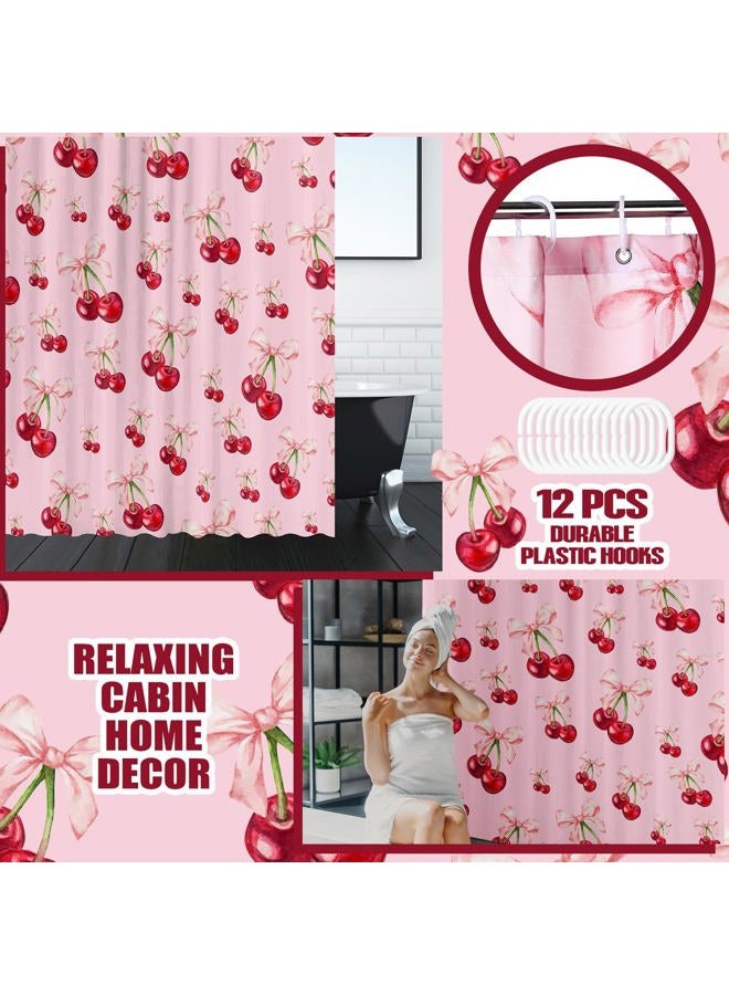 Maasechs 4 Pcs Pink Bow Cherry Shower Curtain Set Coquette Cherry Bathroom Decor Set with Rugs Romantic Pink Bow Aesthetic Bathroom Curtain with 12 Hooks Gifts for Women - Image 5