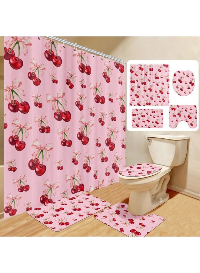 Maasechs 4 Pcs Pink Bow Cherry Shower Curtain Set Coquette Cherry Bathroom Decor Set with Rugs Romantic Pink Bow Aesthetic Bathroom Curtain with 12 Hooks Gifts for Women - Image 2