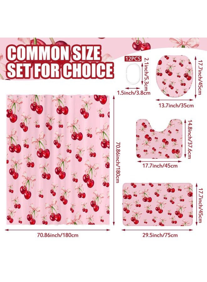 Maasechs 4 Pcs Pink Bow Cherry Shower Curtain Set Coquette Cherry Bathroom Decor Set with Rugs Romantic Pink Bow Aesthetic Bathroom Curtain with 12 Hooks Gifts for Women - Image 3