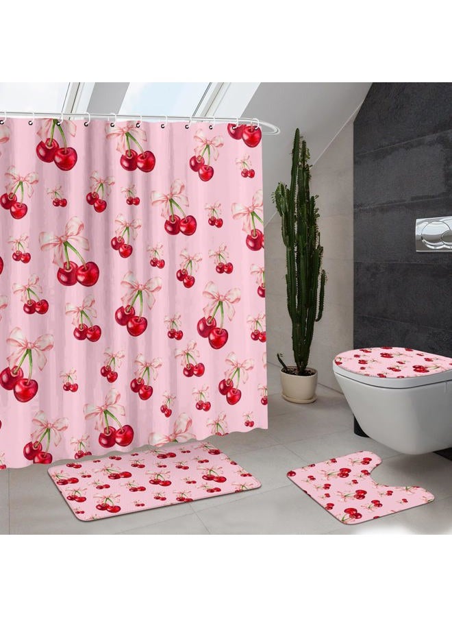 Maasechs 4 Pcs Pink Bow Cherry Shower Curtain Set Coquette Cherry Bathroom Decor Set with Rugs Romantic Pink Bow Aesthetic Bathroom Curtain with 12 Hooks Gifts for Women - Image 1
