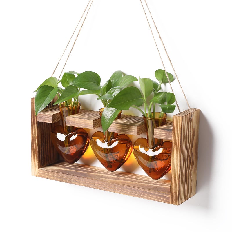 MTsigns Plant Terrarium Propagation Stations Faith Hope Love Hydroponics Home Garden Decoration Gift for Women with Wooden Stand Heart Shaped Colored Glass Vase - Image 1