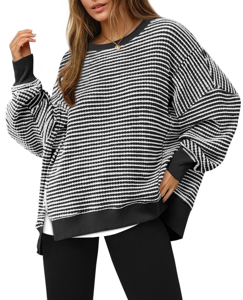 Fisoew Women's Oversized Sweatshirt Waffle Knit Striped Long Sleeve Crewneck Casual Loose Pullover Tunic Tops Black - Image 1