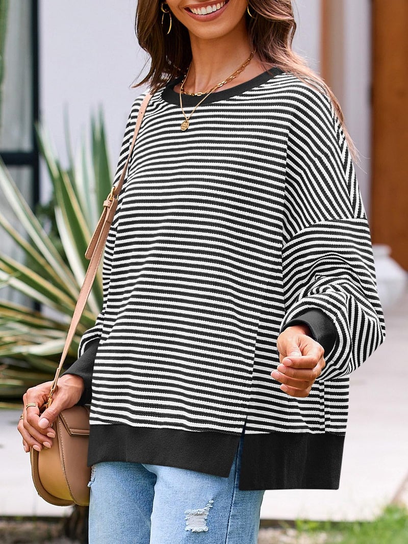 Fisoew Women's Oversized Sweatshirt Waffle Knit Striped Long Sleeve Crewneck Casual Loose Pullover Tunic Tops Black - Image 3