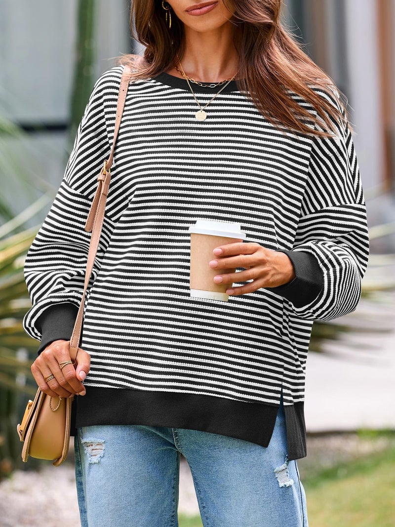 Fisoew Women's Oversized Sweatshirt Waffle Knit Striped Long Sleeve Crewneck Casual Loose Pullover Tunic Tops Black - Image 2