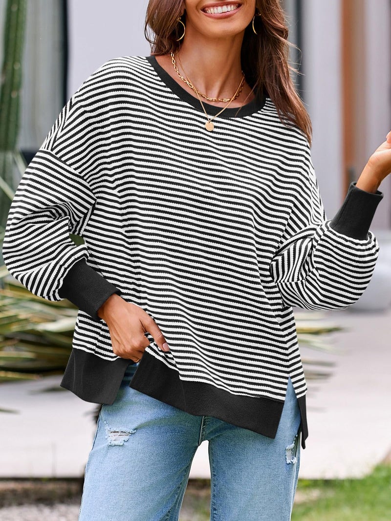 Fisoew Women's Oversized Sweatshirt Waffle Knit Striped Long Sleeve Crewneck Casual Loose Pullover Tunic Tops Black - Image 5