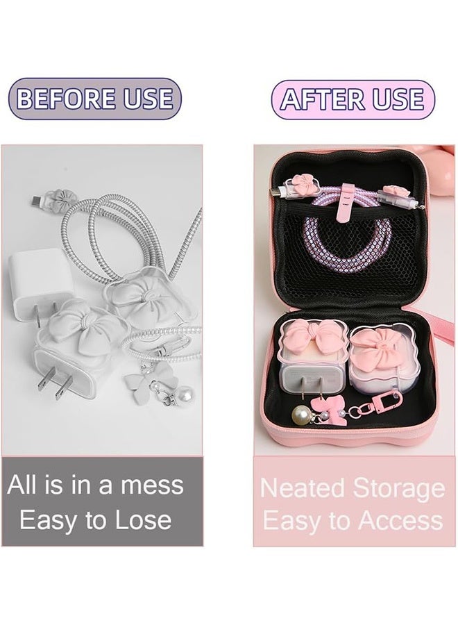 Portable Charger Cover & Storage Bag with Cute 3D Pink Bow Tie Design, Travel Cable Organizer and Earphone Wire Saver Case, Protective Cord Holder for Chargers, Wireless Earphones, and USB Cords - Image 2