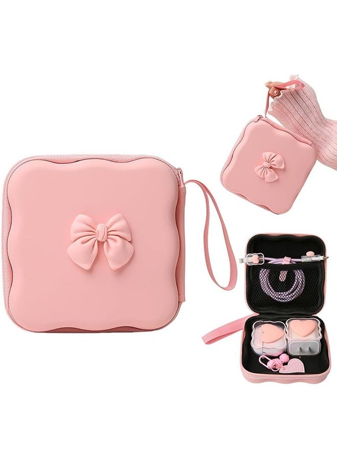 Portable Charger Cover & Storage Bag with Cute 3D Pink Bow Tie Design, Travel Cable Organizer and Earphone Wire Saver Case, Protective Cord Holder for Chargers, Wireless Earphones, and USB Cords - Image 1