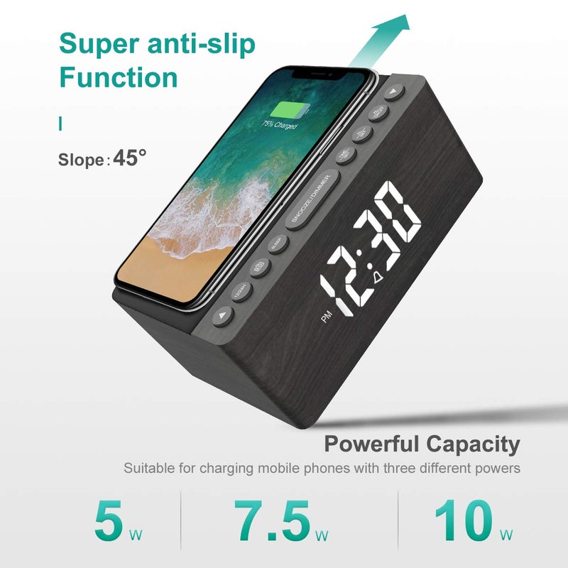 ANJANK Wooden Digital Alarm Clock FM Radio,10W Qi Certified Fast Wireless Charging Station for iPhone/Samsung Galaxy,5 Level Dimmer,USB Charger,9 Wake up Sounds, Bedroom, Bedside, Desk, Nightstand - Image 4