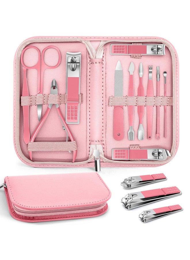 BLESWIN Manicure Pedicure Set 12 Pcs Nail Care Kit For Women Mens Nail Grooming Kit Manicure & Pedicure Tools & Accessories Pink Nail Kit Manicure Set Luxury Leather Case For Home Salon Use - Image 1