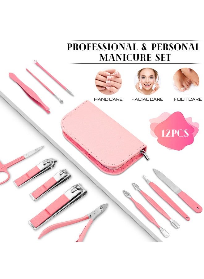 BLESWIN Manicure Pedicure Set 12 Pcs Nail Care Kit For Women Mens Nail Grooming Kit Manicure & Pedicure Tools & Accessories Pink Nail Kit Manicure Set Luxury Leather Case For Home Salon Use - Image 2