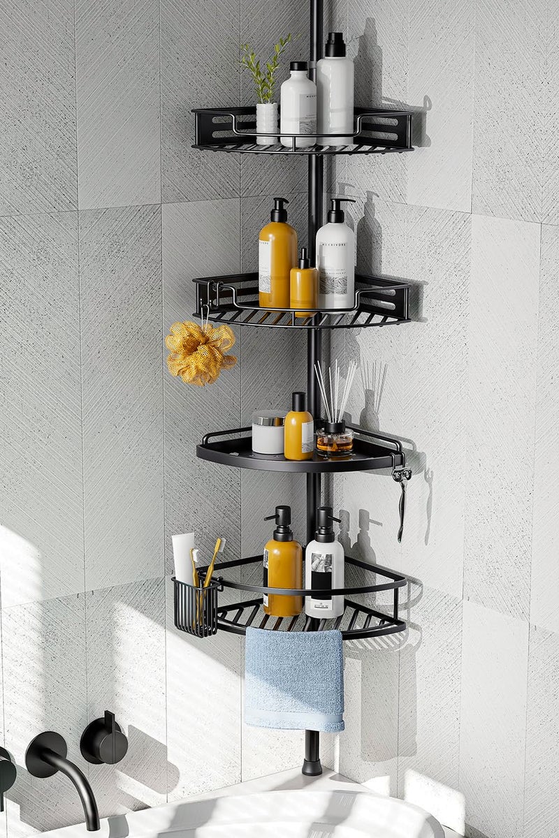 HAMITOR Corner Shower Caddy Tension Pole: Quick Installation 4-Tier Rustproof Bathroom Organizer Shelves for Bathtub Shampoo Storage - 47-121 inch Adjustable Floor Standing Bath Rack Holder - Black - Image 1