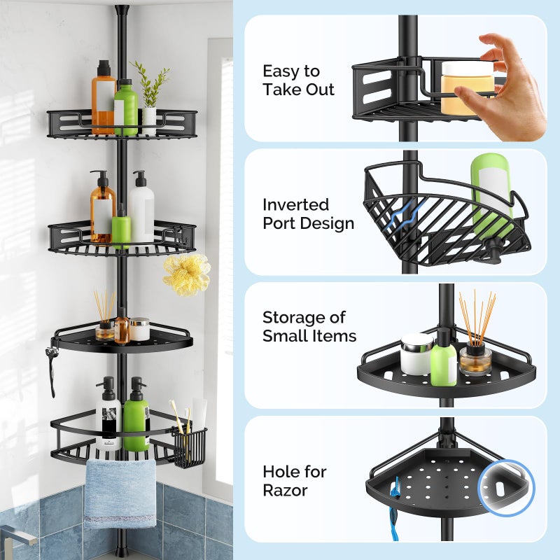 HAMITOR Corner Shower Caddy Tension Pole: Quick Installation 4-Tier Rustproof Bathroom Organizer Shelves for Bathtub Shampoo Storage - 47-121 inch Adjustable Floor Standing Bath Rack Holder - Black - Image 5