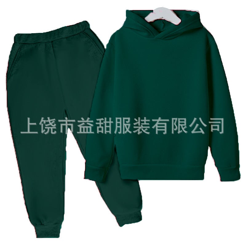 New Autumn Fleece-Lined Children'S Solid Color Sweatshirt Korean Style Fashion Children'S Clothing Set Hooded Sweatshirt Set For Older Children - Image 1