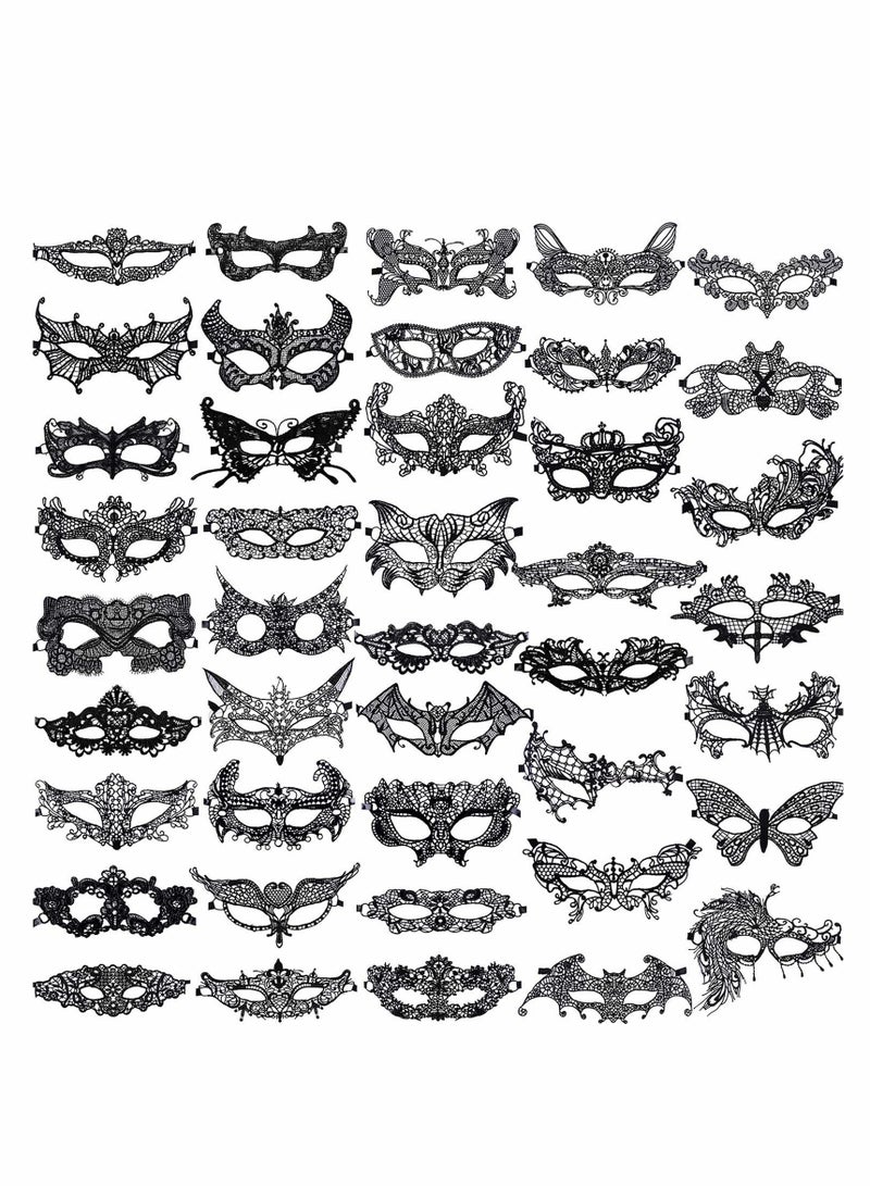 42 Pcs Elegant Lace Masquerade Masks for Women - Perfect for Carnival, Parties & Balls, Black Color - Image 1