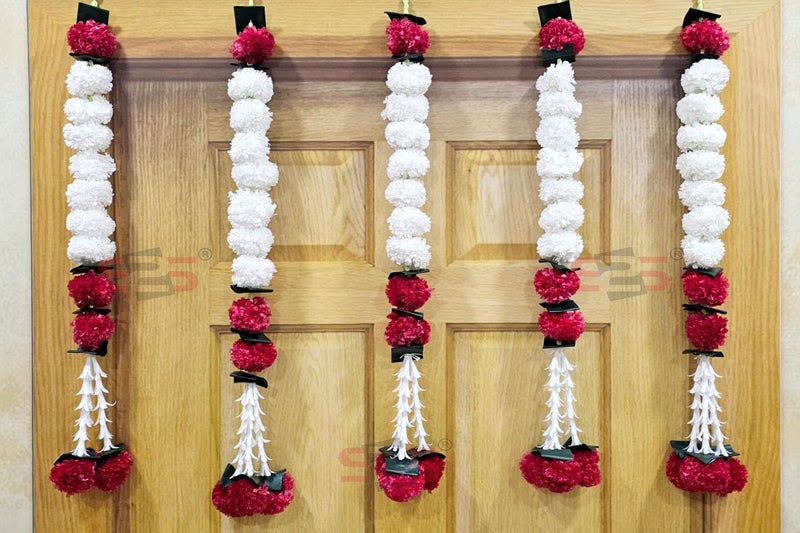S2S Artificial Marigold Jasmine, Mogra, Green Leaves Tassles Garlands Ladi Strings for Decoration of Home, Balcony, Wall Hangings, Hall | Pack of 5 | (RED White Marigold)(Height - 24 Inch) - Image 1