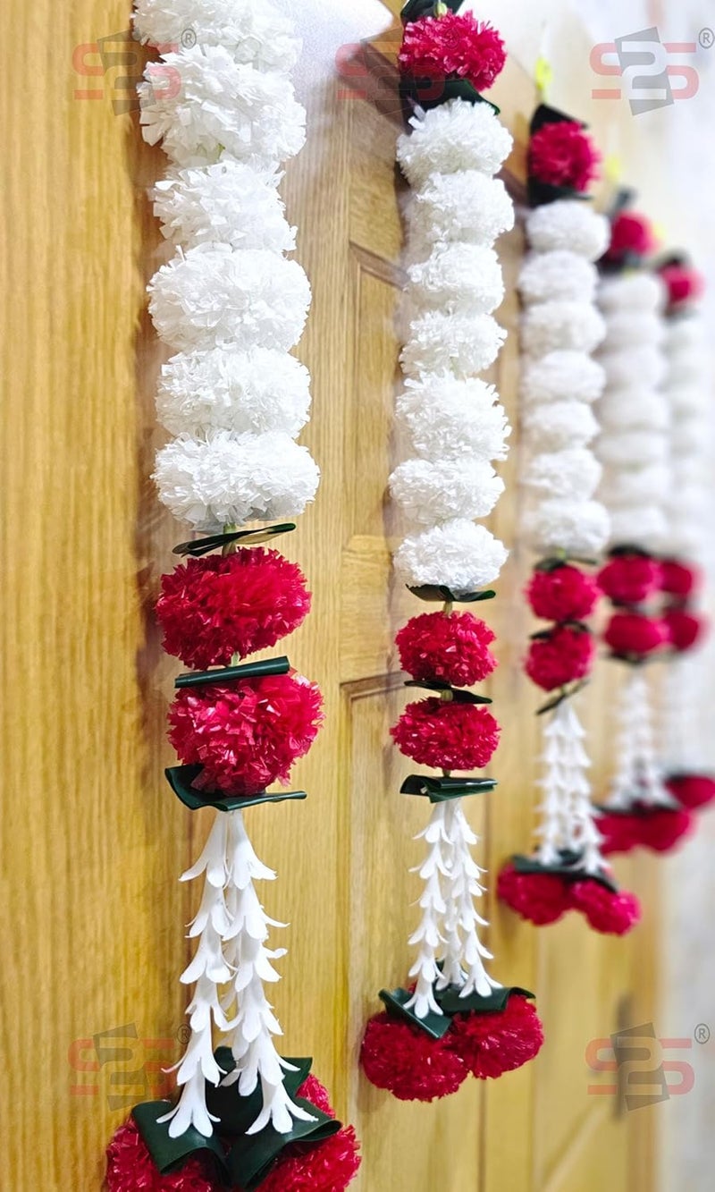 S2S Artificial Marigold Jasmine, Mogra, Green Leaves Tassles Garlands Ladi Strings for Decoration of Home, Balcony, Wall Hangings, Hall | Pack of 5 | (RED White Marigold)(Height - 24 Inch) - Image 3